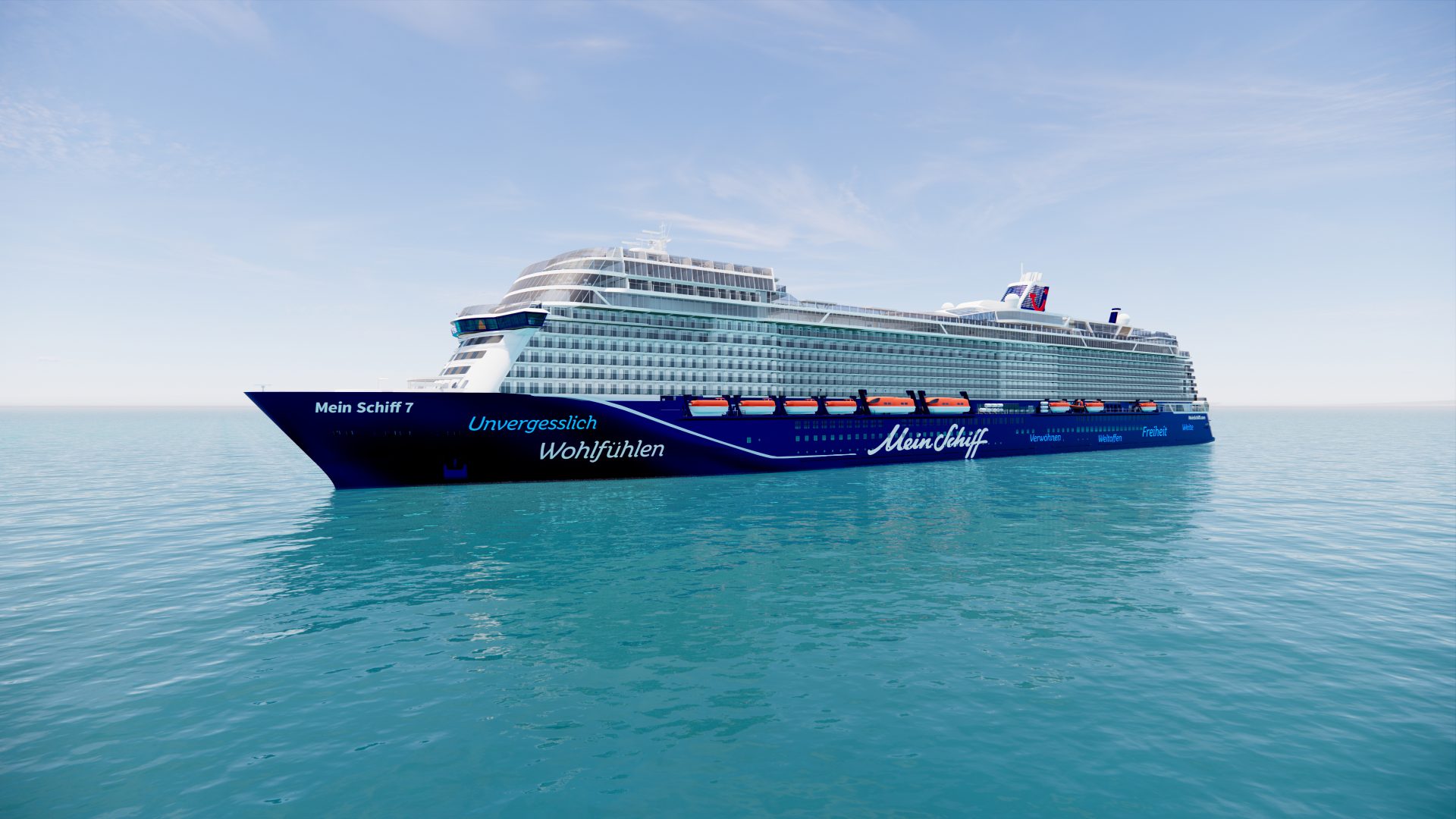 Mein Schiff 7 buchen, Erfurt, REISEBÜRO Wache; Ansicht des Schiffs Mein Schiff 7, blauer und schwarzer Schiffsrumpf mit Schriftzügen von Mein Schiff, darüber weiße Etagen mit Kabinen und öffentlichem Bereich