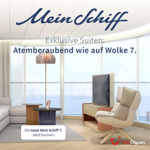 Mein Schiff 7 buchen bei REISEBÜRO Wache Erfurt: zu sehen: Innenkabine mit großer geschwungener Fensterwand, Flatscreen und gemütlichem Sessel in Beige: Text auf Bild: Mein Schiff. Exklusive Suiten: Atemberaubend wie auf Wolke 7