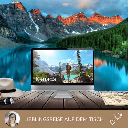 Kanada Rundreise buchen Erfurt REISEBÜRO Wache; im Bild: Collage mit zwei Kanada-Bildern - im Hintergrund Bergspitzen und ein See bei Sonnenuntergang; im Vordergrund ein Wanderer an einem stillen See zwischen zwei Bäumen mit Bergpanorama